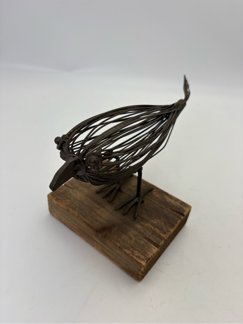 Rustic Handcrafted Metal Wire Bird Figurine on Wooden Base - Picture 3 of 13